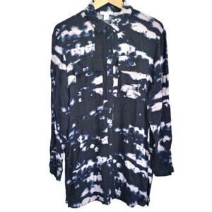 Carolina Belle Black and blue bleach print button down tye dye blouse size Med